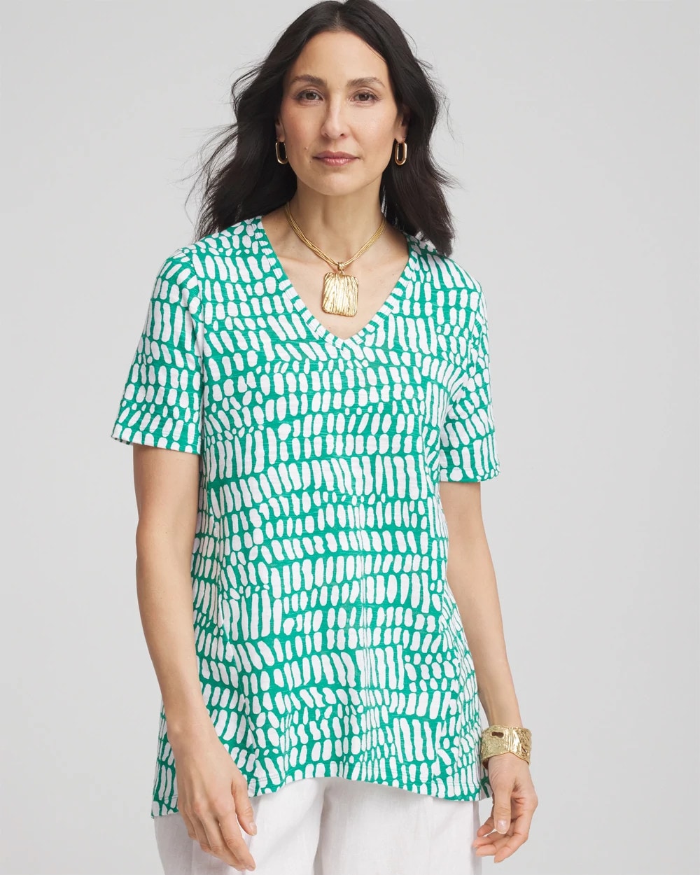 Chico's Tropical Short Sleeve Forward-Seam Tee Eden Green
