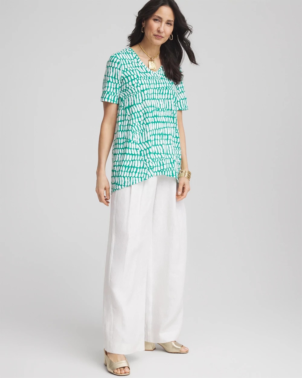 Chico's Tropical Short Sleeve Forward-Seam Tee Eden Green