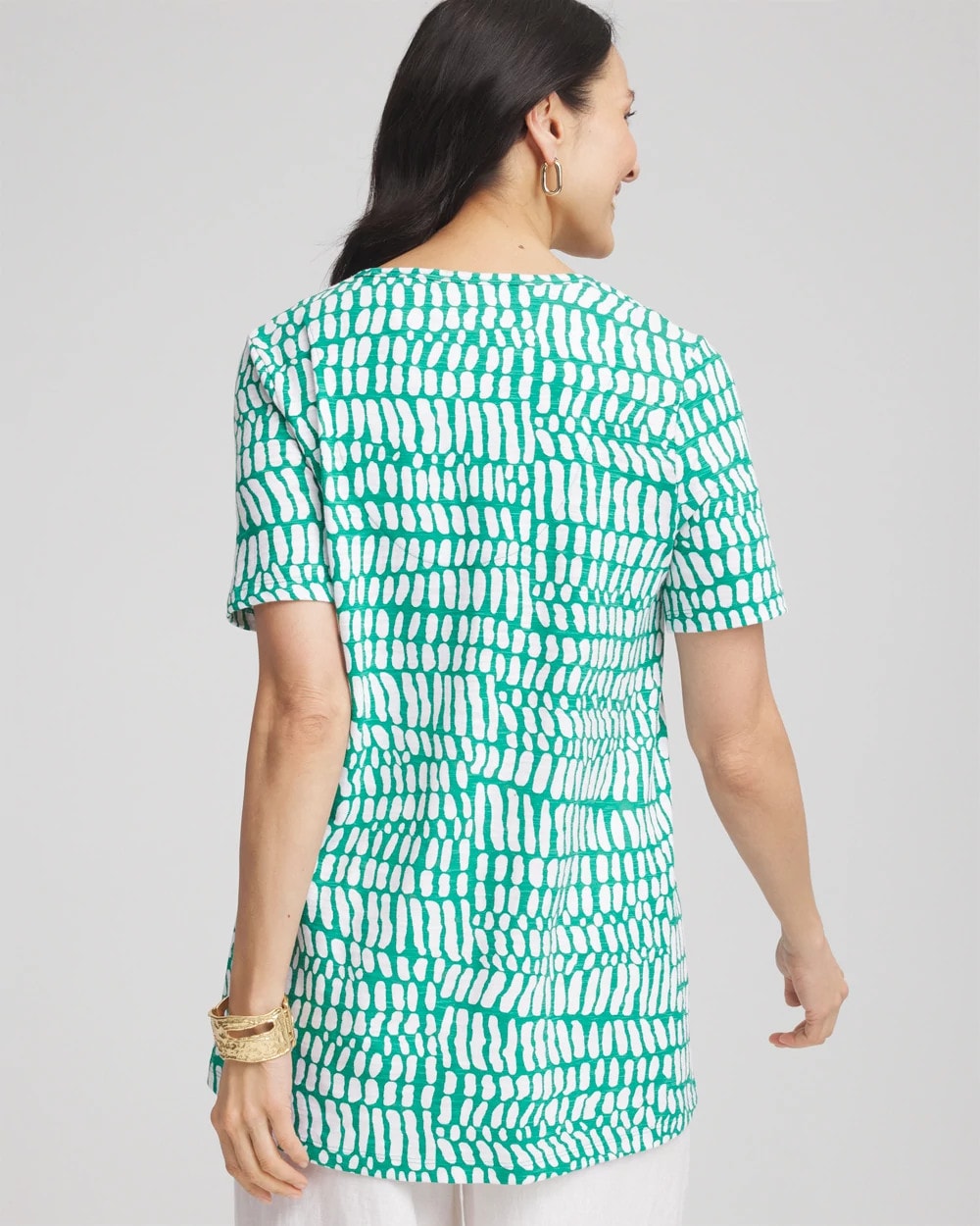Chico's Tropical Short Sleeve Forward-Seam Tee Eden Green