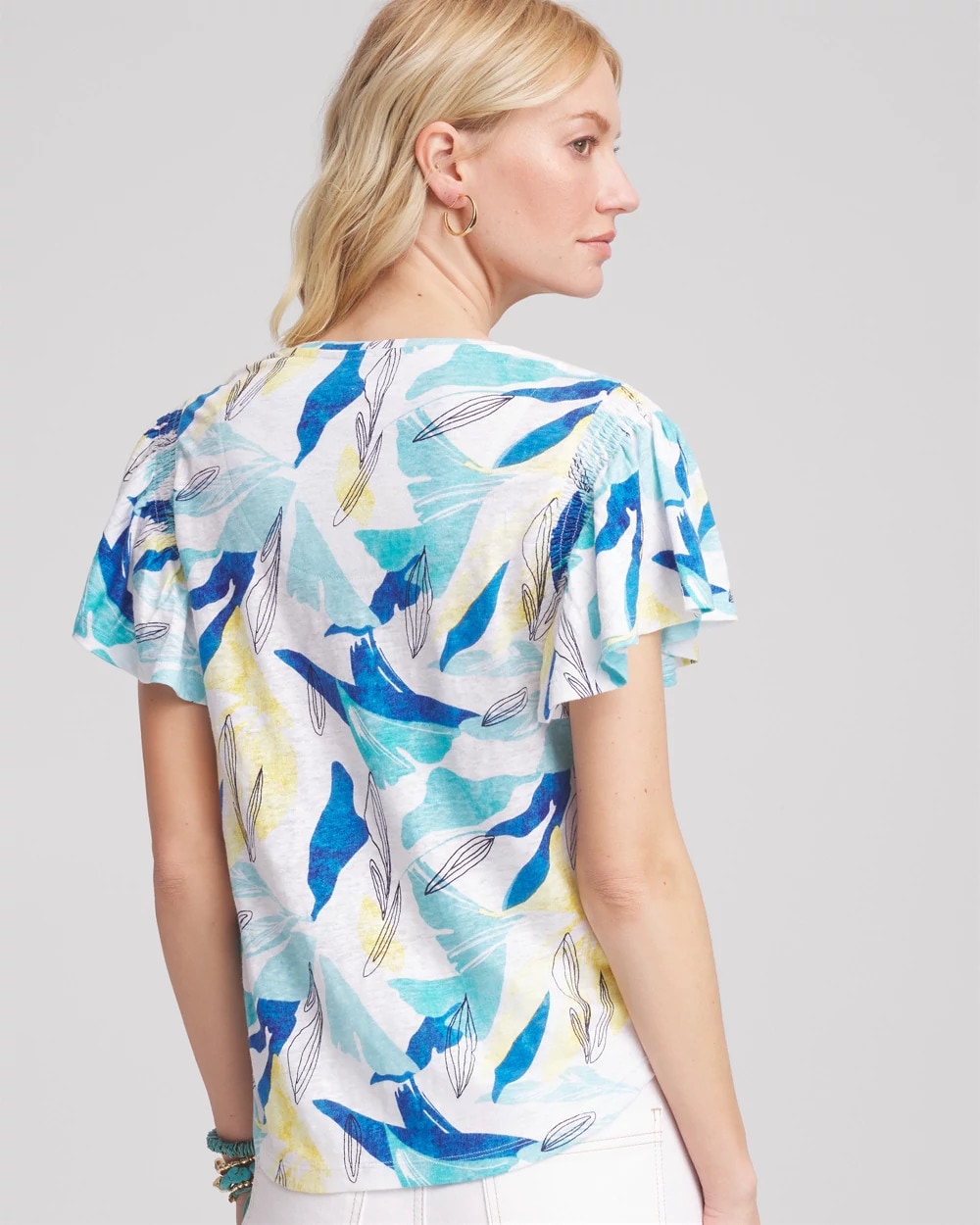 Chico's Linen Smocked Flutter-Sleeved Tee Alabaster