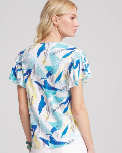 Chico's Linen Smocked Flutter-Sleeved Tee Alabaster
