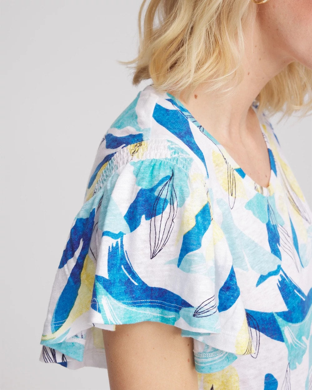 Chico's Linen Smocked Flutter-Sleeved Tee Alabaster