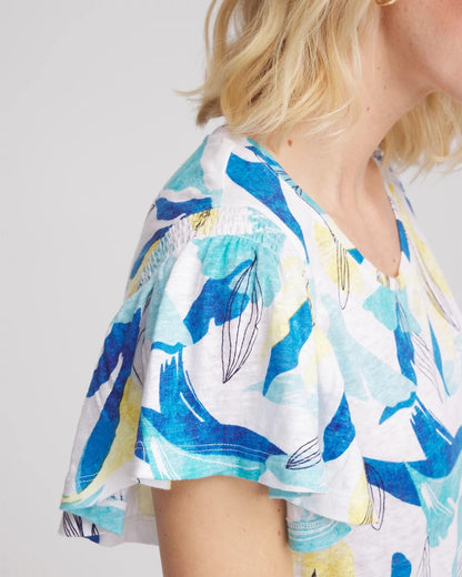 Chico's Linen Smocked Flutter-Sleeved Tee Alabaster