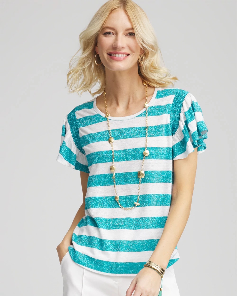 Chico's Linen Metallic Striped Flutter-Sleeve Tee Seaspray