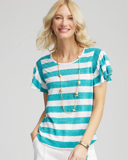 Chico's Linen Metallic Striped Flutter-Sleeve Tee Seaspray