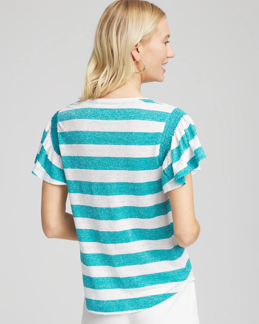 Chico's Linen Metallic Striped Flutter-Sleeve Tee Seaspray