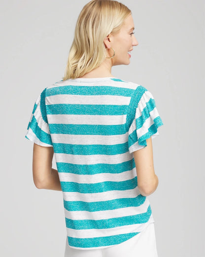 Chico's Linen Metallic Striped Flutter-Sleeve Tee Seaspray