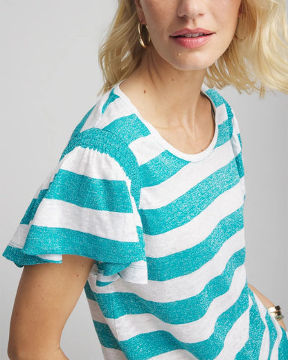 Chico's Linen Metallic Striped Flutter-Sleeve Tee Seaspray