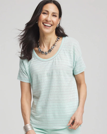 Chico's Striped Sweater-Trim Linen Tee Teal Waters