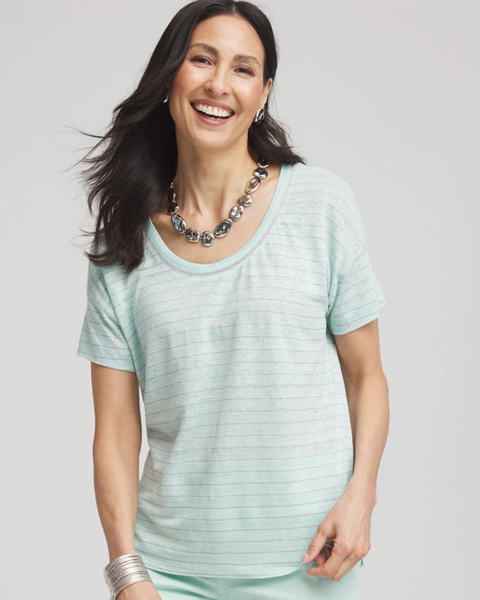 Chico's Striped Sweater-Trim Linen Tee Teal Waters