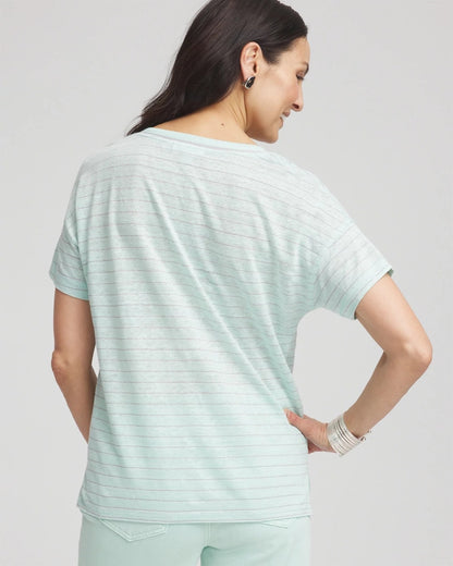 Chico's Striped Sweater-Trim Linen Tee Teal Waters
