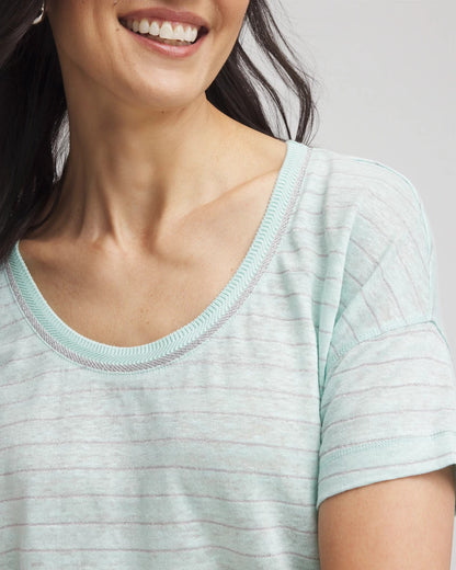 Chico's Striped Sweater-Trim Linen Tee Teal Waters