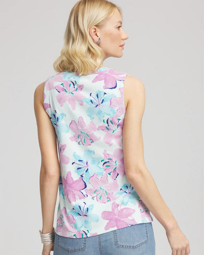 Chico's Floral Sleeveless V-Neck Tank Paradiso Blue
