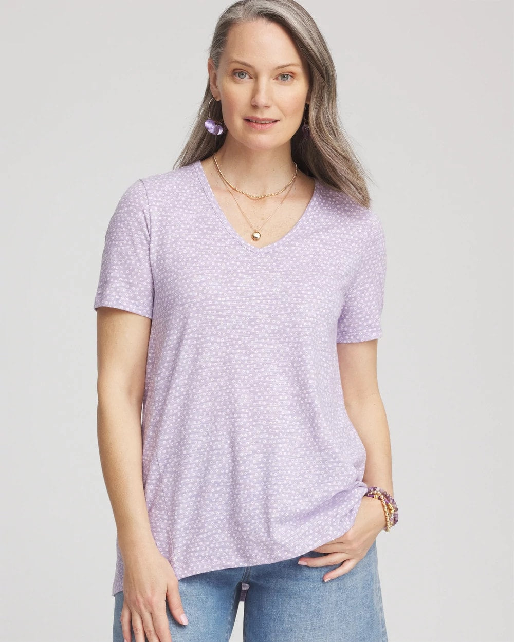 Chico's Polka-Dot Short Sleeve Forward Seam Tee Gentle Lavender