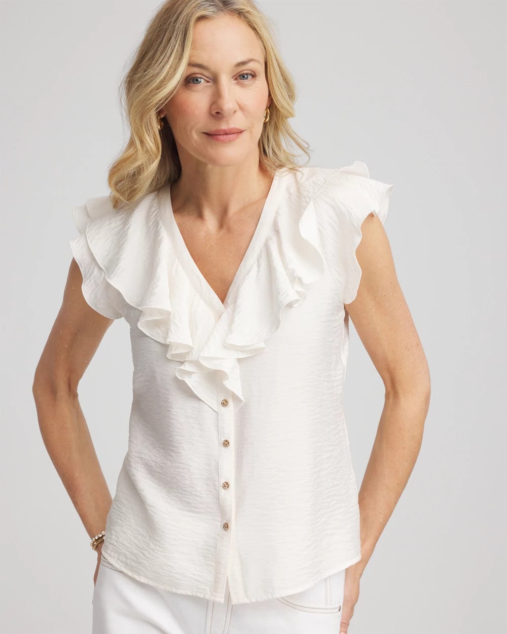 Chico's Crepe Ruffle-Trim Blouse Ecru