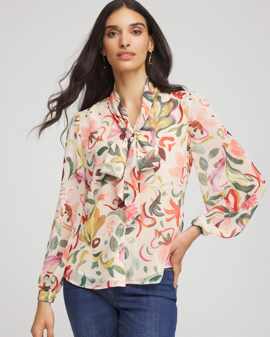 Chico's Floral Jacquard Tie-Front Blouse Cashew