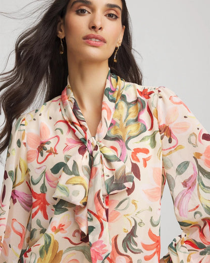 Chico's Floral Jacquard Tie-Front Blouse Cashew
