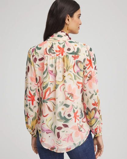Chico's Floral Jacquard Tie-Front Blouse Cashew