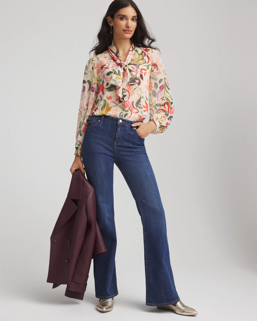 Chico's Floral Jacquard Tie-Front Blouse Cashew