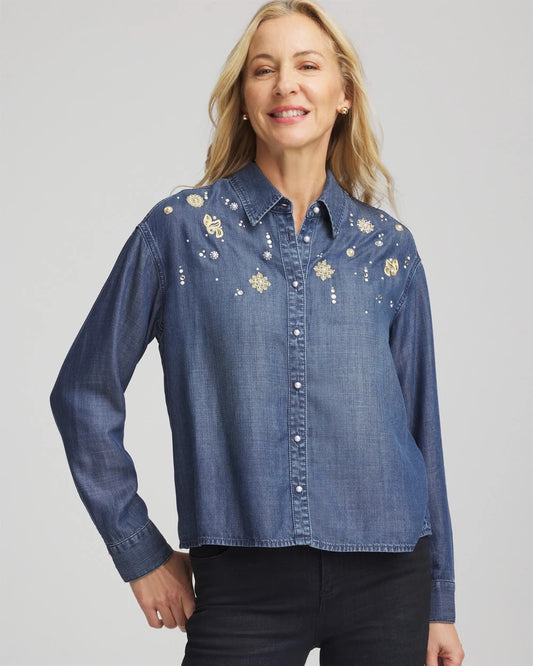 Chico's Embellished Tencel Collar Shirt Kiruna Indigo