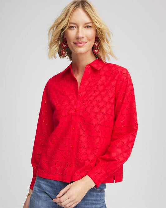 Chico's Heart Eyelet Button Down Shirt Love Letter Red