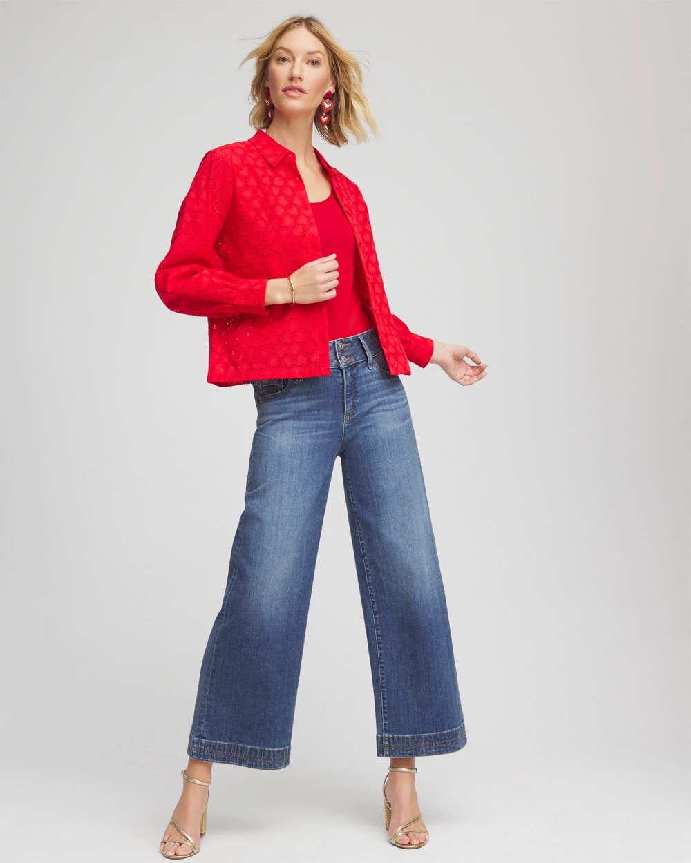 Chico's Heart Eyelet Button Down Shirt Love Letter Red