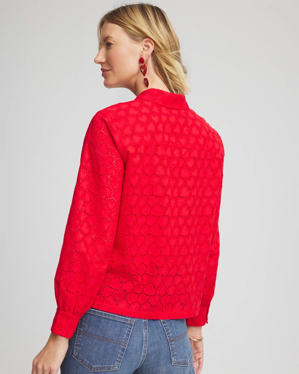Chico's Heart Eyelet Button Down Shirt Love Letter Red