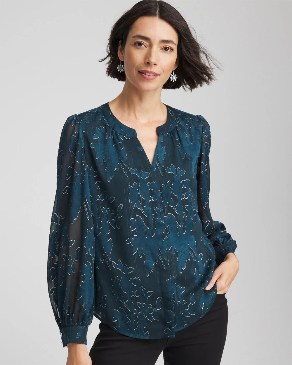 Chico's Novelty Texture Blouse Teal Shadow