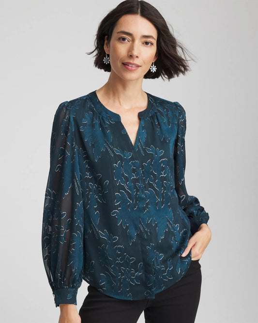 Chico's Novelty Texture Blouse Teal Shadow