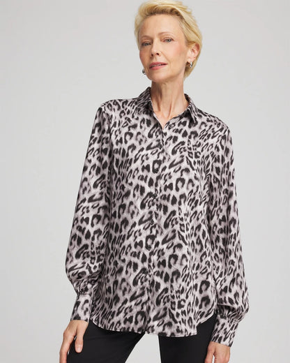Chico's Faux Silk Snowy Animal Shirt Dove Gray