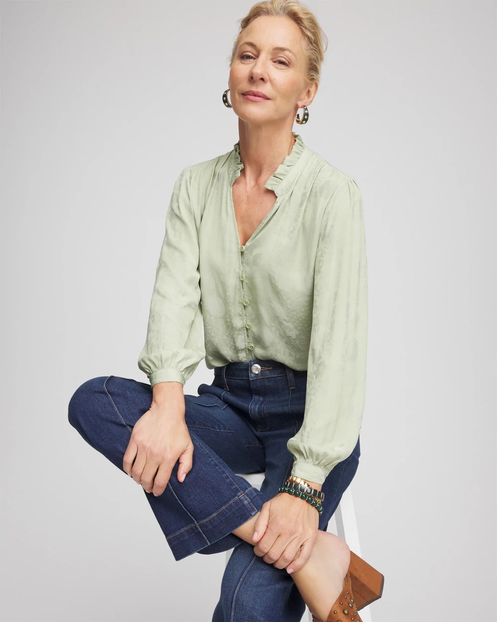 Chico's Jacquard Georgette Peasant Blouse Sage Meadow