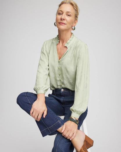 Chico's Jacquard Georgette Peasant Blouse Sage Meadow