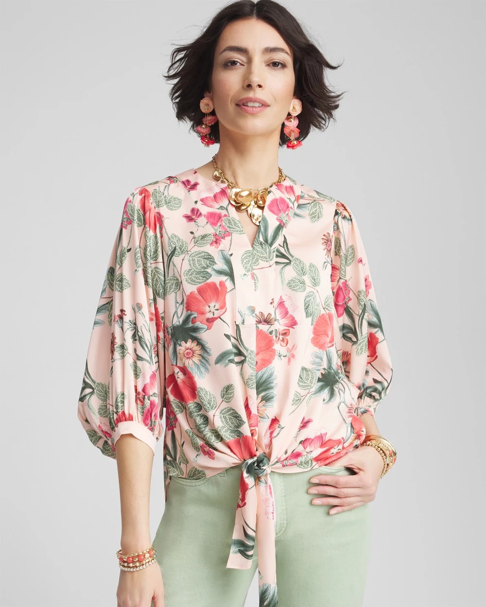 Chico's Floral Satin Tie-Front Pullover Top Coral Blossom