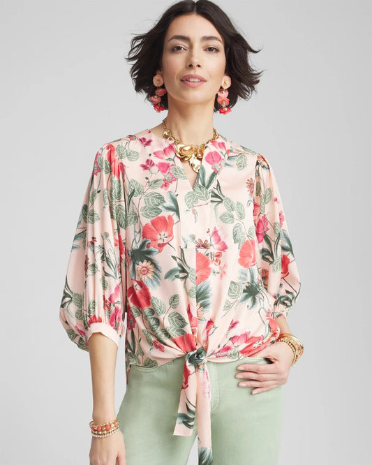 Chico's Floral Satin Tie-Front Pullover Top Coral Blossom