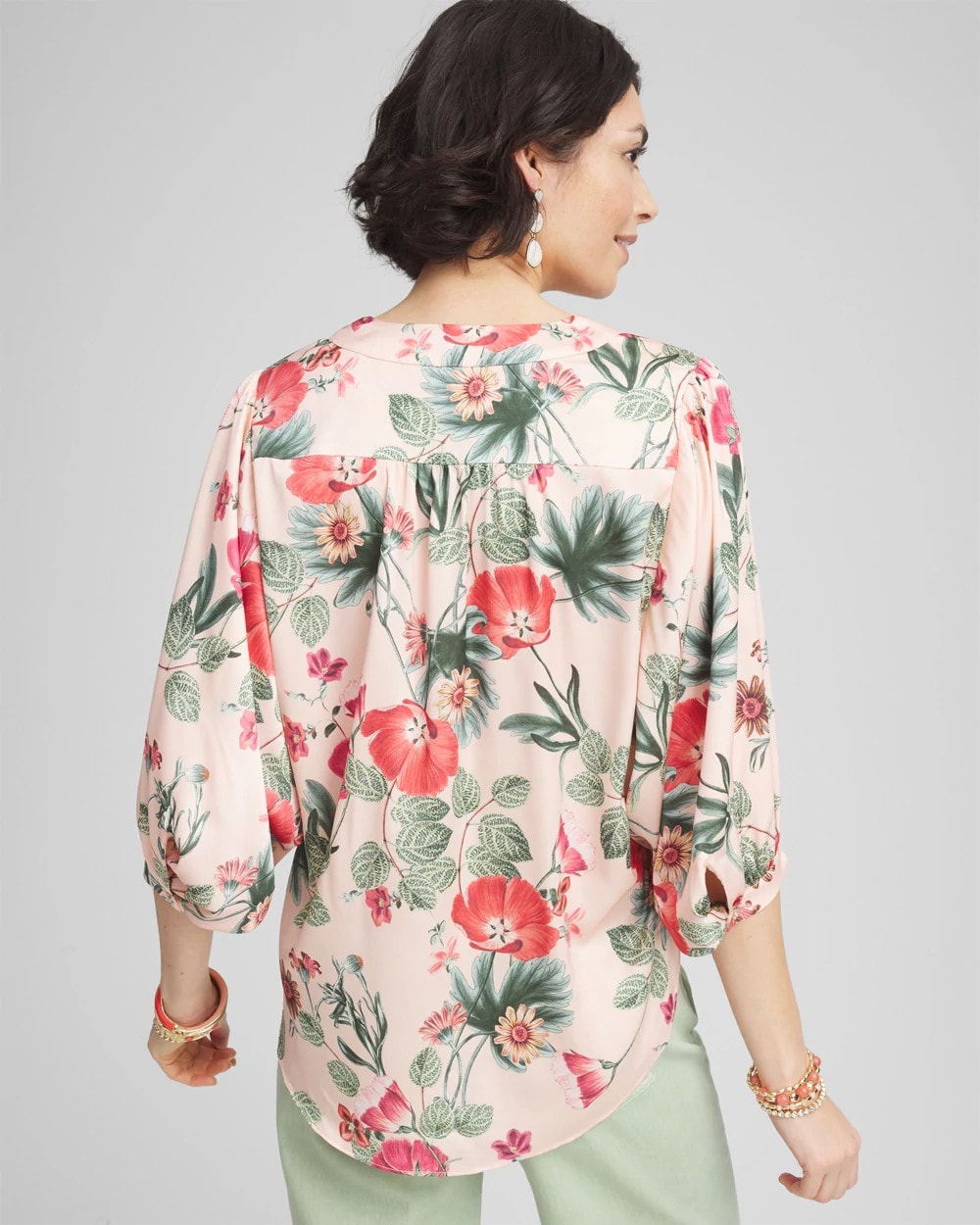 Chico's Floral Satin Tie-Front Pullover Top Coral Blossom