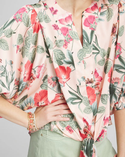Chico's Floral Satin Tie-Front Pullover Top Coral Blossom