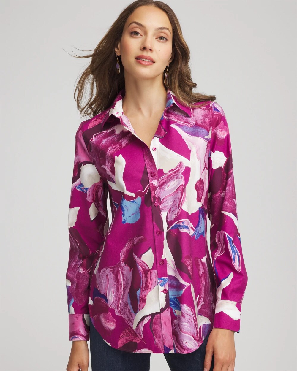 Chico's No Iron™ Floral-Paint-Print Shirt Cobalt Stone