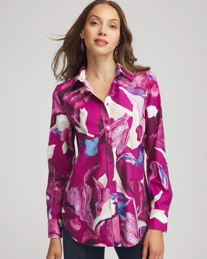Chico's No Iron™ Floral-Paint-Print Shirt Cobalt Stone
