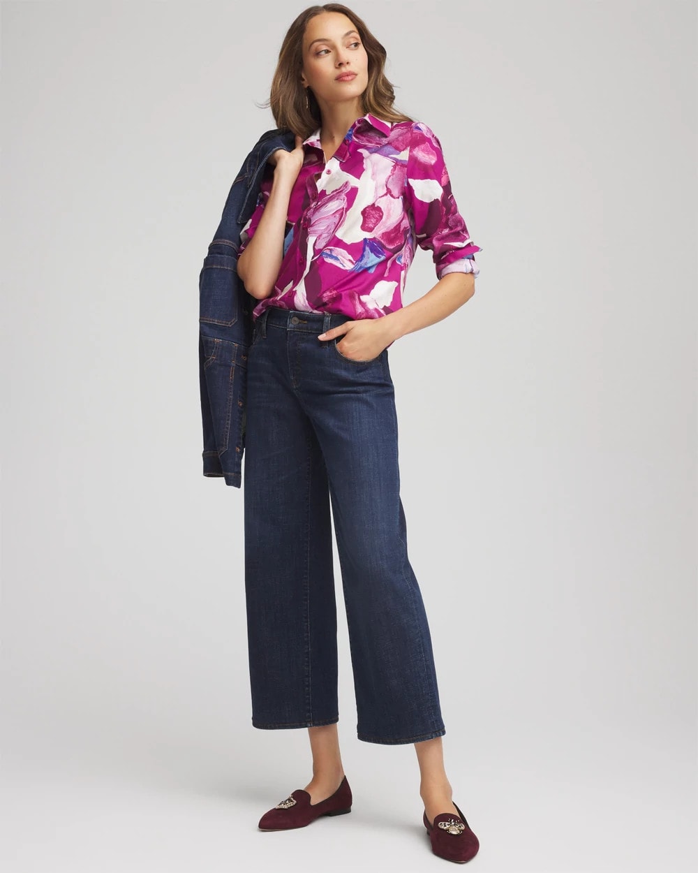 Chico's No Iron™ Floral-Paint-Print Shirt Cobalt Stone