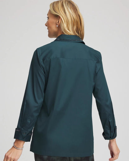 Chico's Rhinestone Embellished Poplin Tunic Teal Shadow