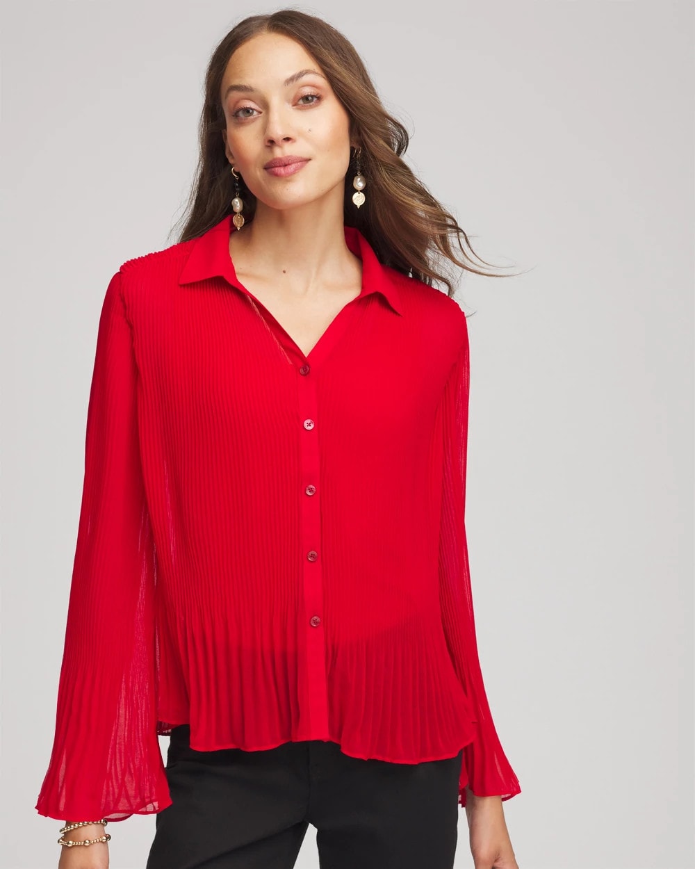 Chico's Pleated Georgette Blouse Carmine Red