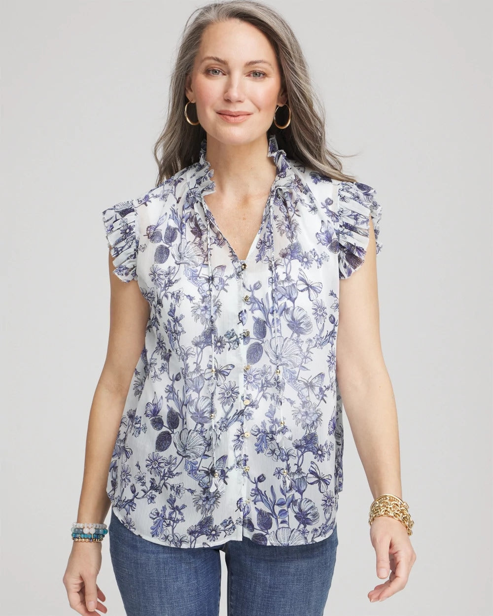 Chico's Butterfly Ruffle Collar Blouse Pale Turq Blue