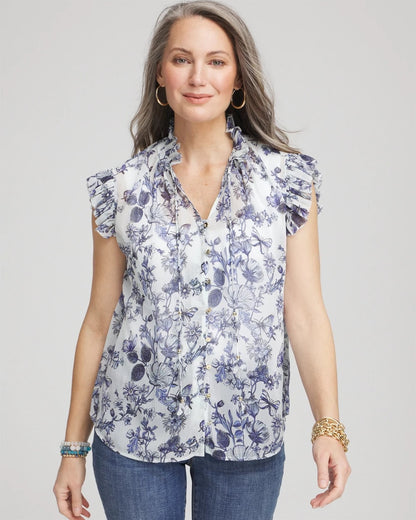 Chico's Butterfly Ruffle Collar Blouse Pale Turq Blue
