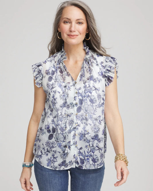 Chico's Butterfly Ruffle Collar Blouse Pale Turq Blue