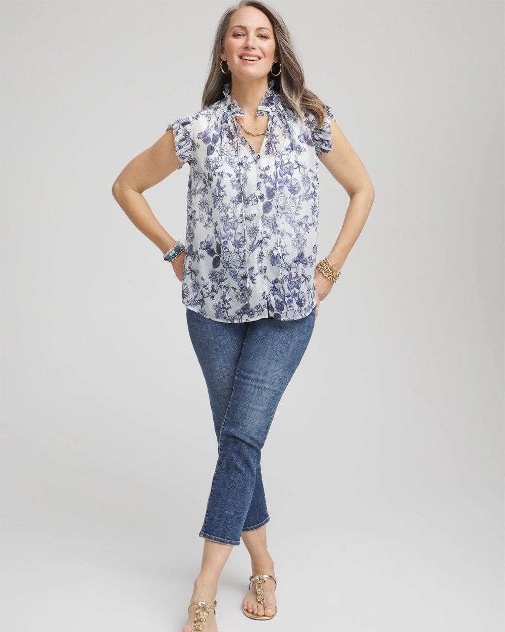 Chico's Butterfly Ruffle Collar Blouse Pale Turq Blue