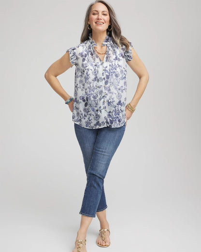 Chico's Butterfly Ruffle Collar Blouse Pale Turq Blue