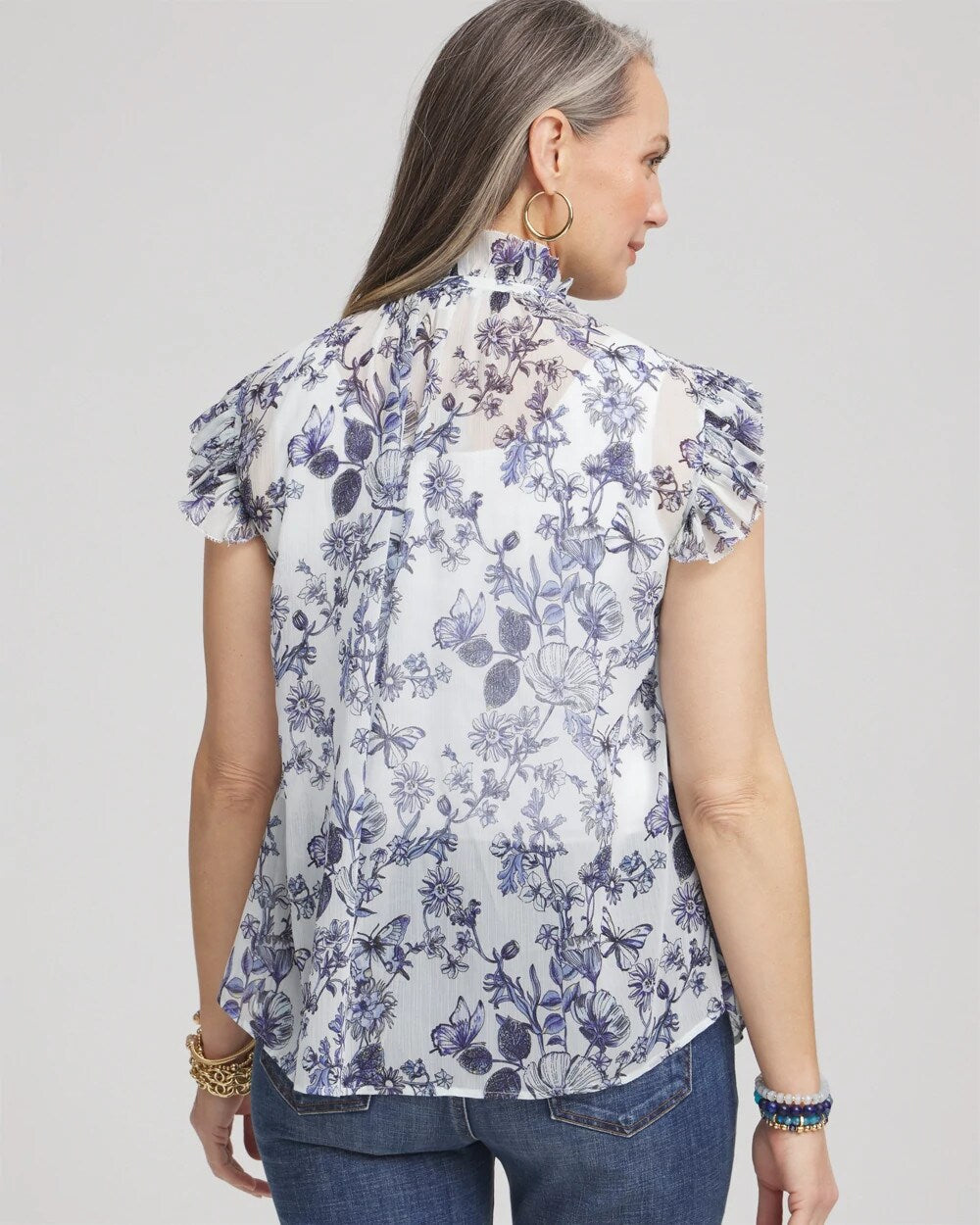 Chico's Butterfly Ruffle Collar Blouse Pale Turq Blue