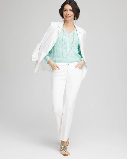 Chico's Floral Soutache V-Neck Blouse Teal Waters