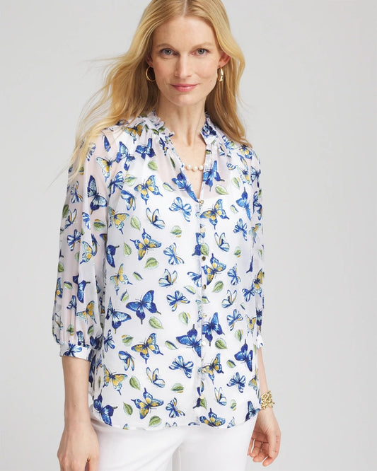 Chico's Ruffle Collar Butterfly Burnout Blouse Blue Casa