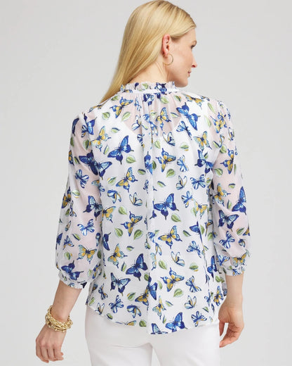 Chico's Ruffle Collar Butterfly Burnout Blouse Blue Casa